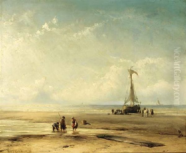 Figures By A Beached Bomschuit Oil Painting by Johannes Hermanus Barend Koekkoek