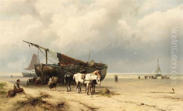 Fisherfolk By A Beached Bomschuit Oil Painting by Johannes Hermanus Barend Koekkoek