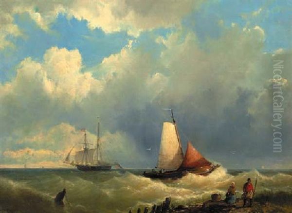 Shipping Off The Coast Oil Painting by Johannes Hermanus Barend Koekkoek