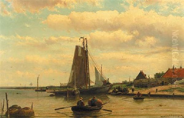 A Sunny Day With Fisherfolk Setting Out Fish Traps Oil Painting by Johannes Hermanus Barend Koekkoek