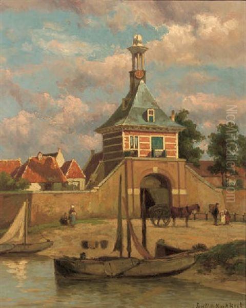 A City Gate In Gorinchem Oil Painting by Johannes Hermanus Barend Koekkoek