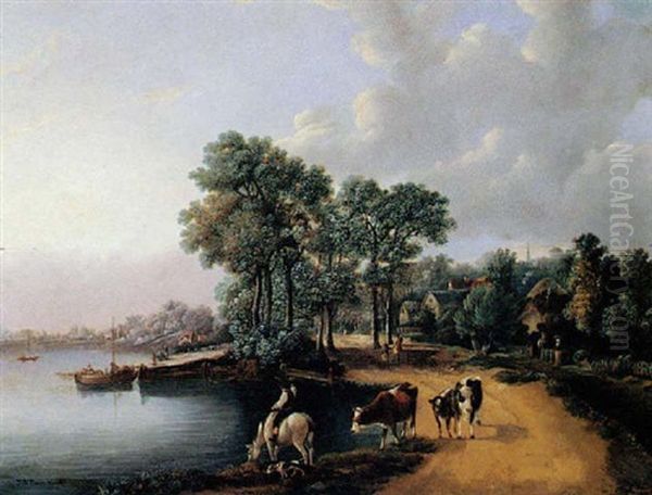 A River Landscape With Figures Loading Oil Painting by Johannes Hermanus Barend Koekkoek