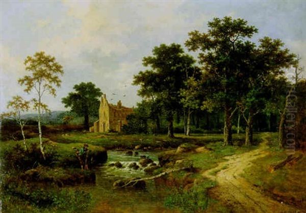 Bewaldete Landschaft Mit Einem Angler Vor Einer Kirchenruine Oil Painting by Johannes Hermanus Barend Koekkoek