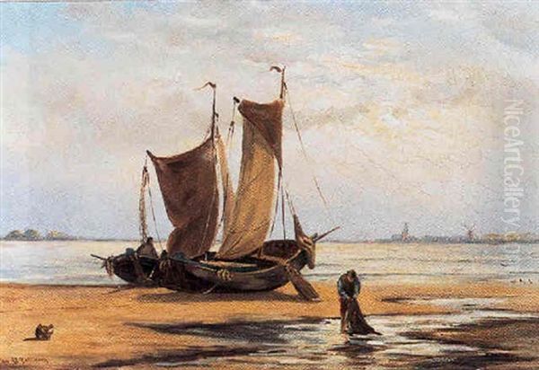 Bomschuiten Met Vissers Op Het Strand Oil Painting by Johannes Hermanus Barend Koekkoek