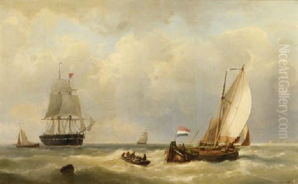 Sailors In A Rowing Boat Approachinf A Three-master At Sea Oil Painting by Johannes Hermanus Barend Koekkoek