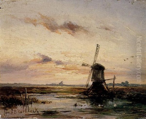 A Windmill In A Polder Landscape At Sunset Oil Painting by Johannes Hermanus Barend Koekkoek