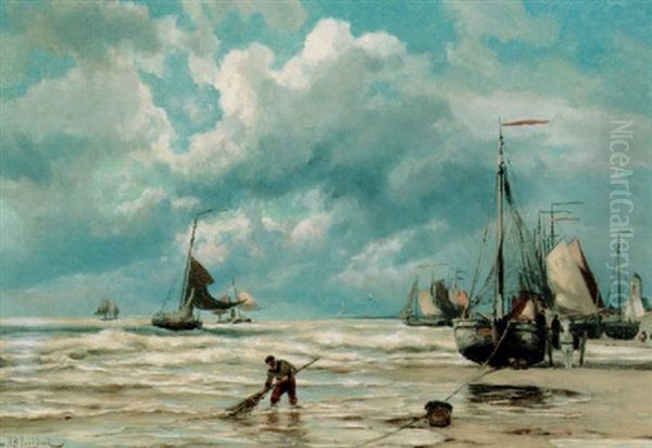 Bomschuiten With Fishermen On Katwijk Beach Oil Painting by Johannes Hermanus Barend Koekkoek