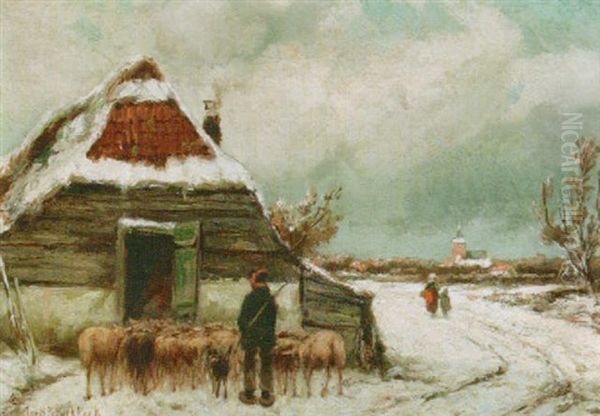 A Winter Landscape With A Shepherd And His Flock Oil Painting by Johannes Hermanus Barend Koekkoek