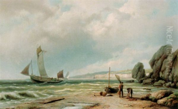 Fishermen Bringing In The Catch Oil Painting by Johannes Hermanus Barend Koekkoek