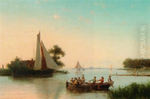 A River Landscape With Figures In A Rowing Boat Oil Painting by Johannes Hermanus Barend Koekkoek