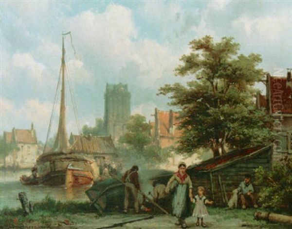 Figures Mending A Boat, Dordrecht Oil Painting by Johannes Hermanus Barend Koekkoek