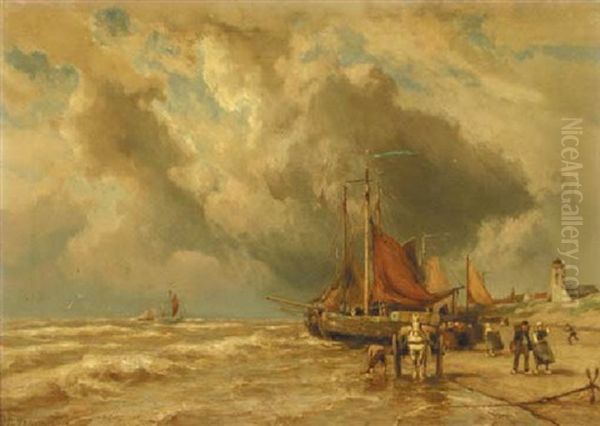 Beached Bomschuiten On The Coast Of Katwijk Aan Zee Oil Painting by Johannes Hermanus Barend Koekkoek