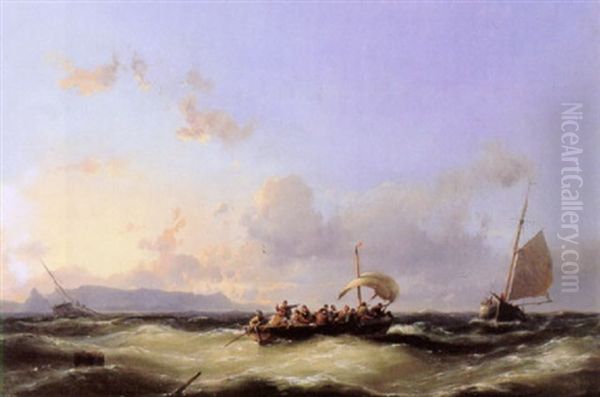 Salvaging Off A Coastline At Sunset Oil Painting by Johannes Hermanus Barend Koekkoek