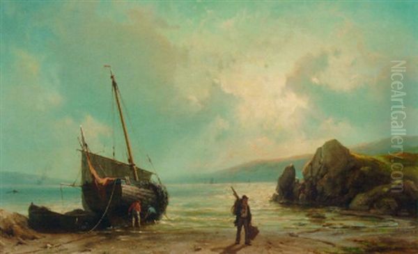 A Beached Fishing Boat Oil Painting by Johannes Hermanus Barend Koekkoek