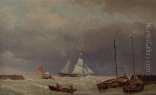 Shipping At Sea Oil Painting by Johannes Hermanus Barend Koekkoek