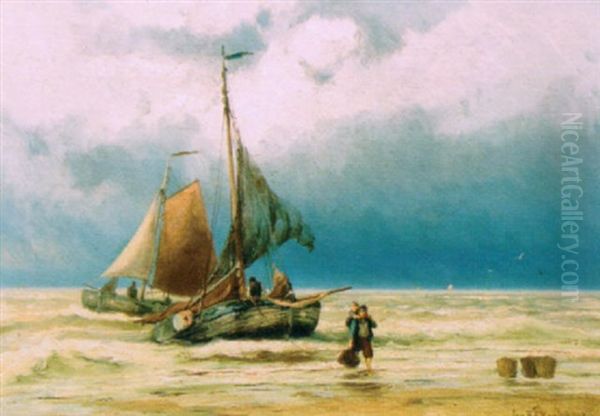 Bomschuiten Near The Coast Oil Painting by Johannes Hermanus Barend Koekkoek