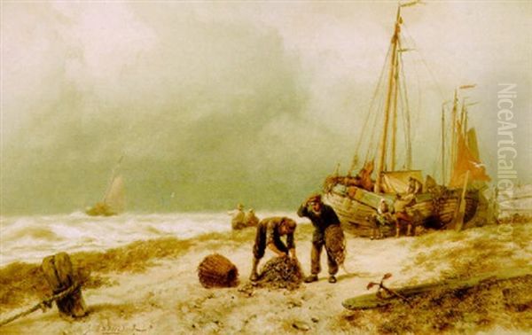 Fishermen Bringing In The Catch Oil Painting by Johannes Hermanus Barend Koekkoek