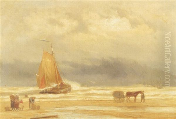 A Coastal Scene With A Shell Fisher, Fishmongers And A Bomschuit In The Surf Oil Painting by Johannes Hermanus Barend Koekkoek