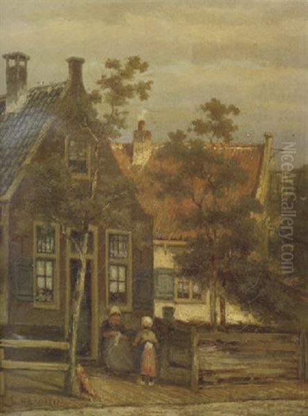 Dutch Street Scene With Mother And Child Oil Painting by Johannes Hermanus Barend Koekkoek