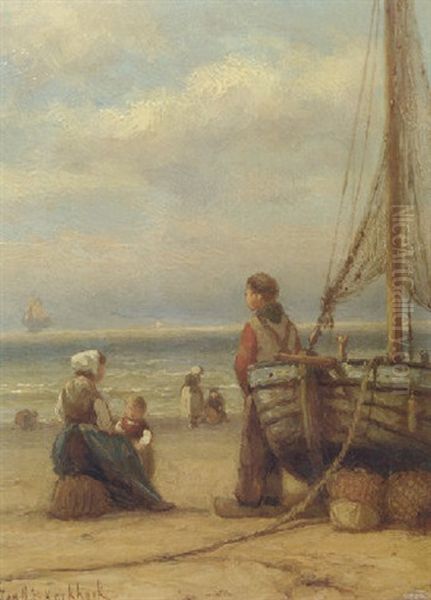 Fisherfolk On The Beach Oil Painting by Johannes Hermanus Barend Koekkoek