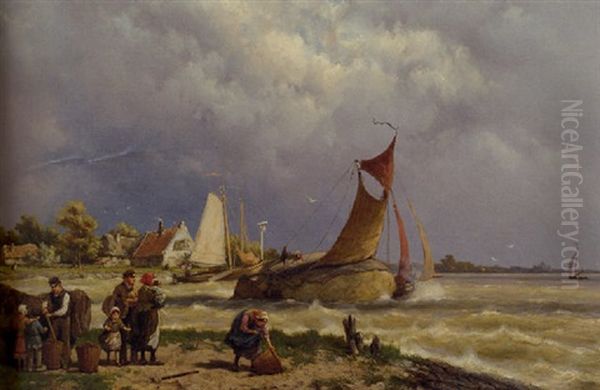 A Haybarge Setting Out In A River Estuary With A Storm Approaching Oil Painting by Johannes Hermanus Barend Koekkoek