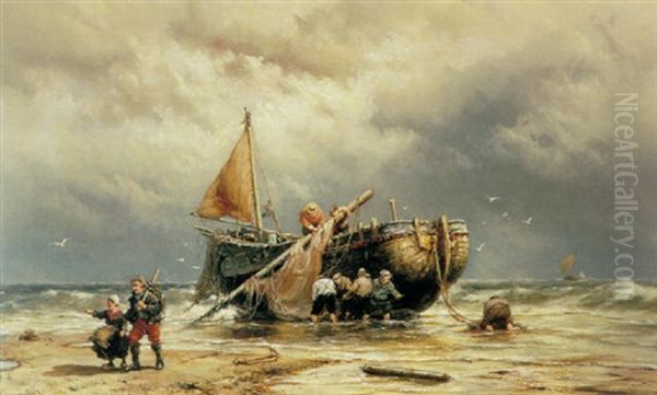 Fishermen Mooring A Bomschuit On Scheveningen Beach Oil Painting by Johannes Hermanus Barend Koekkoek