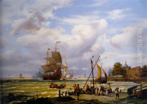 A V.o.c. Merchantship In The Roads Of Dordrecht With Numerous Figures On A Quay Oil Painting by Johannes Hermanus Barend Koekkoek