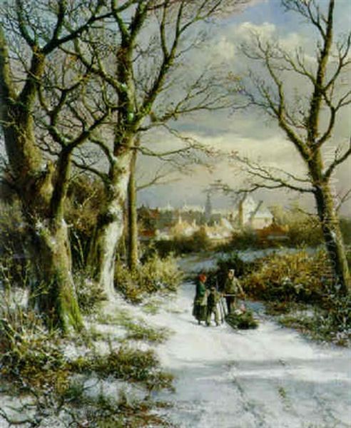 Figures On A Snowy Road Oil Painting by Johannes Hermanus Barend Koekkoek