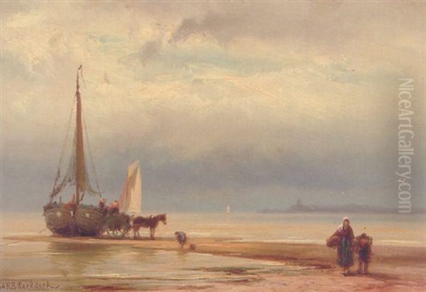 A Beached Bomschuit Oil Painting by Johannes Hermanus Barend Koekkoek