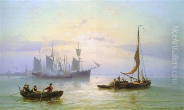 Vessels In A Calm Sea At Sunset Oil Painting by Johannes Hermanus Barend Koekkoek