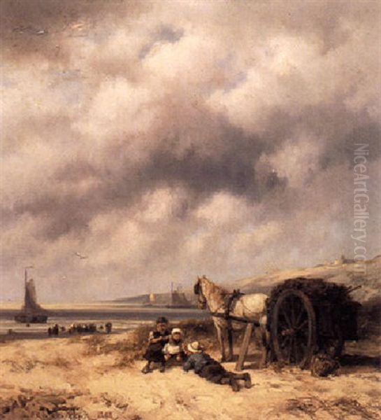 Children With A Horse-cart In The Dunes Oil Painting by Johannes Hermanus Barend Koekkoek