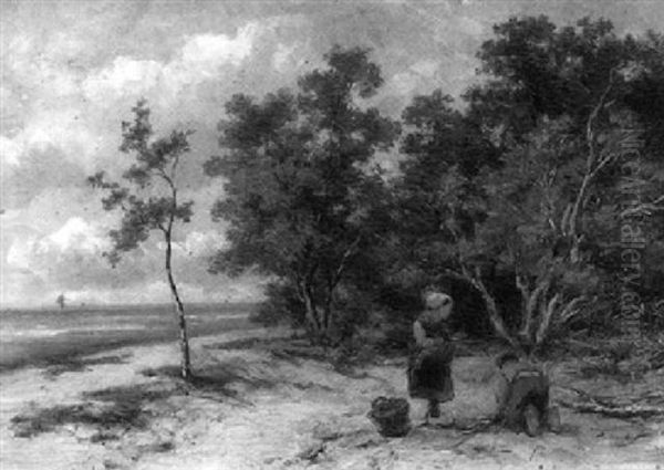 Figures Near The Beach Of Valkeveen Oil Painting by Johannes Hermanus Barend Koekkoek