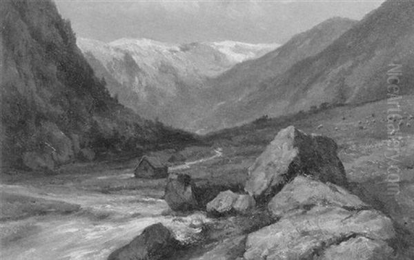 Summer: A Torrent In An Alpine Valley Oil Painting by Johannes Hermanus Barend Koekkoek