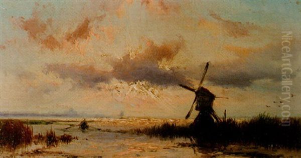 Lakeside With Setting Sun Oil Painting by Johannes Hermanus Barend Koekkoek