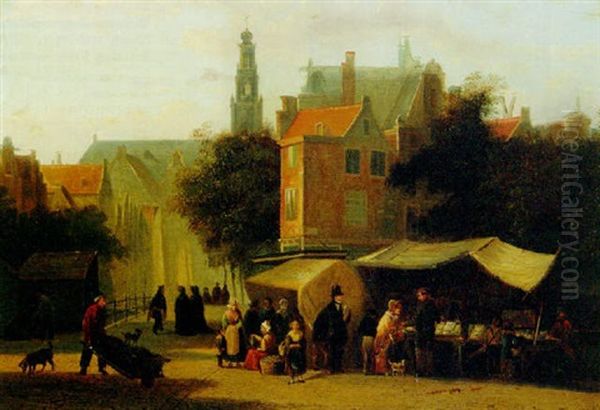 Market Day In A Dutch Town Oil Painting by Johannes Hermanus Barend Koekkoek