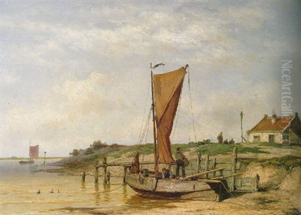 Fishermen Unloading A Beached Coastal Craft Oil Painting by Johannes Hermanus Barend Koekkoek