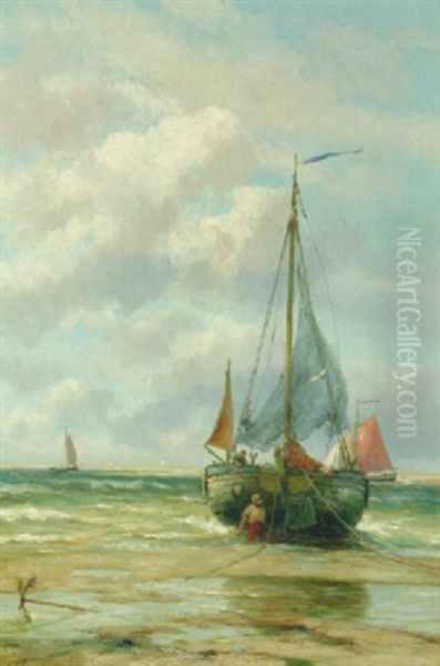 A Bomschuit In The Breakers Oil Painting by Johannes Hermanus Barend Koekkoek