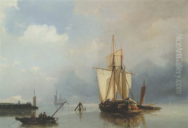 Shipping On An Estuary Oil Painting by Johannes Hermanus Barend Koekkoek