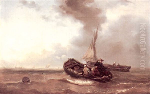 Dutch Fishing Boats On The High Seas With A Dinghy Trawling In The Foreground Oil Painting by Johannes Hermanus Barend Koekkoek