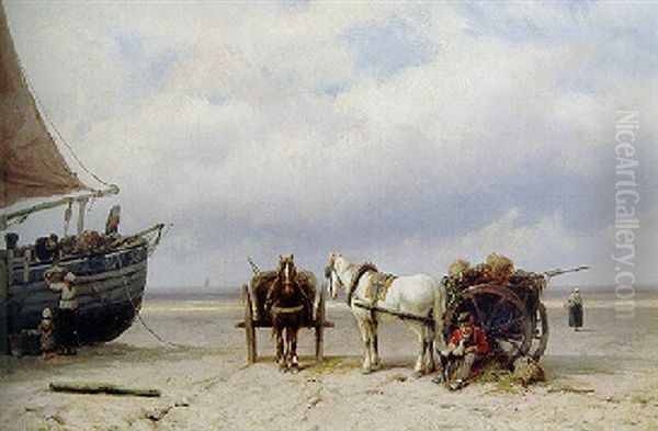 Shellfishers On The Beach Of Zandvoort Oil Painting by Johannes Hermanus Barend Koekkoek