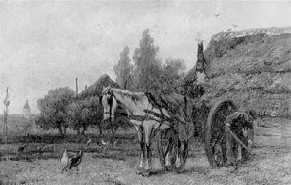 A Peasant Loading A Horse-drawn Cart By A Farm Oil Painting by Johannes Hermanus Barend Koekkoek