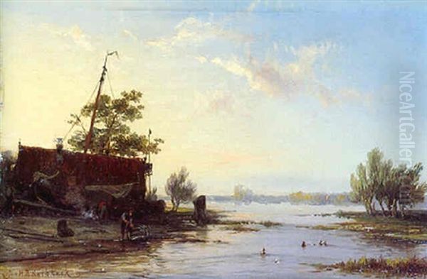 A Shipyard At Sunset Oil Painting by Johannes Hermanus Barend Koekkoek