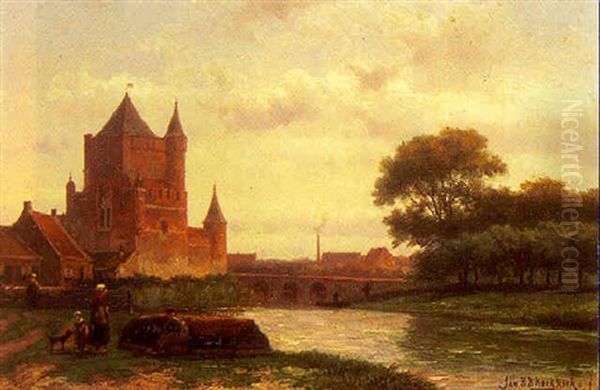 A View Of A Towngate With Figures Repairing A Boat In The Foreground Oil Painting by Johannes Hermanus Barend Koekkoek