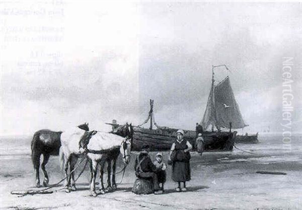 A Fisherman's Family With Horses On The Beach Oil Painting by Johannes Hermanus Barend Koekkoek