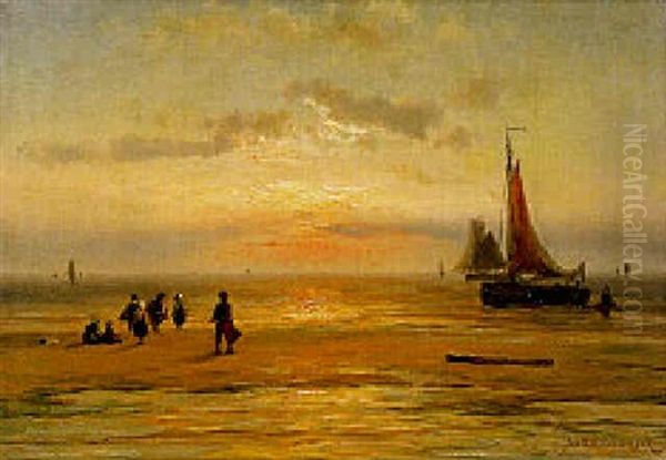 Children On A Beach At Sunset Oil Painting by Johannes Hermanus Barend Koekkoek