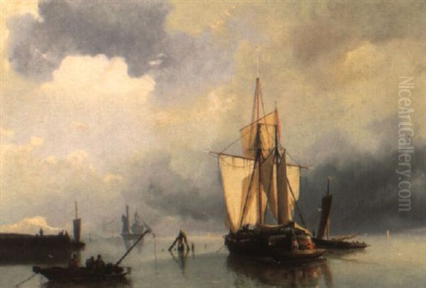 Shipping In A Calm Oil Painting by Johannes Hermanus Barend Koekkoek