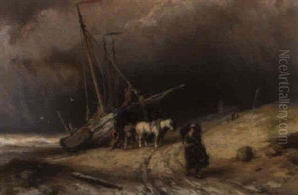 A Moored Vessel On The Beach By Stormy Weather Oil Painting by Johannes Hermanus Barend Koekkoek