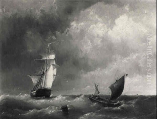 A British Man-of-war Outwardbound On A Rough Sea by Johannes Hermanus Barend Koekkoek