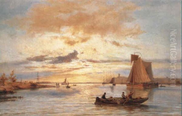 A View Of Rotterdam With Figures In A Row-boat And Other Shipping Oil Painting by Johannes Hermanus Barend Koekkoek