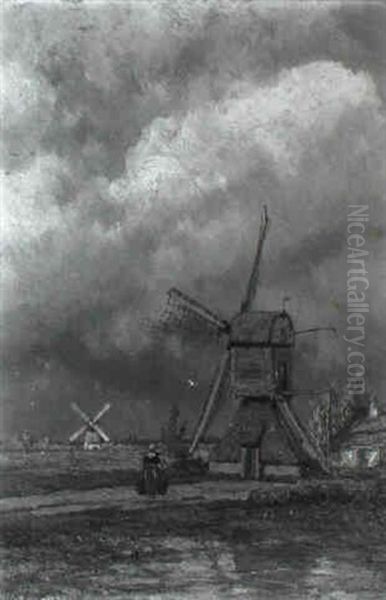 A Polder Landscape With Peasant Woman Approaching A Windmill Oil Painting by Johannes Hermanus Barend Koekkoek